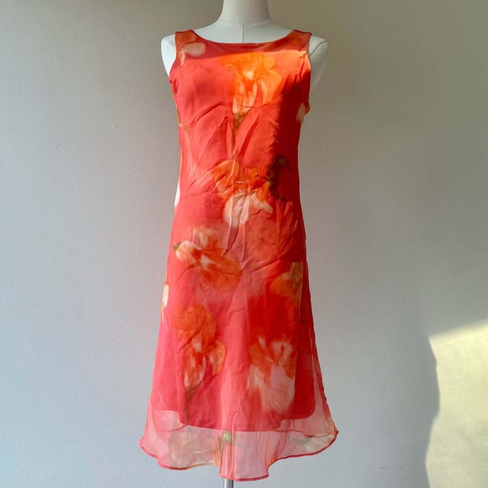 Vintage Y2K Red Orange Floral Chiffon Slip Midi Dress